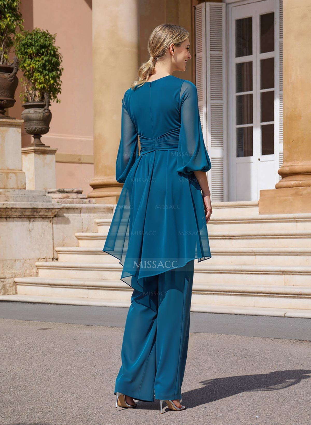 Blue Jumpsuit/Pantsuit Puff Slevees Evening Dresses