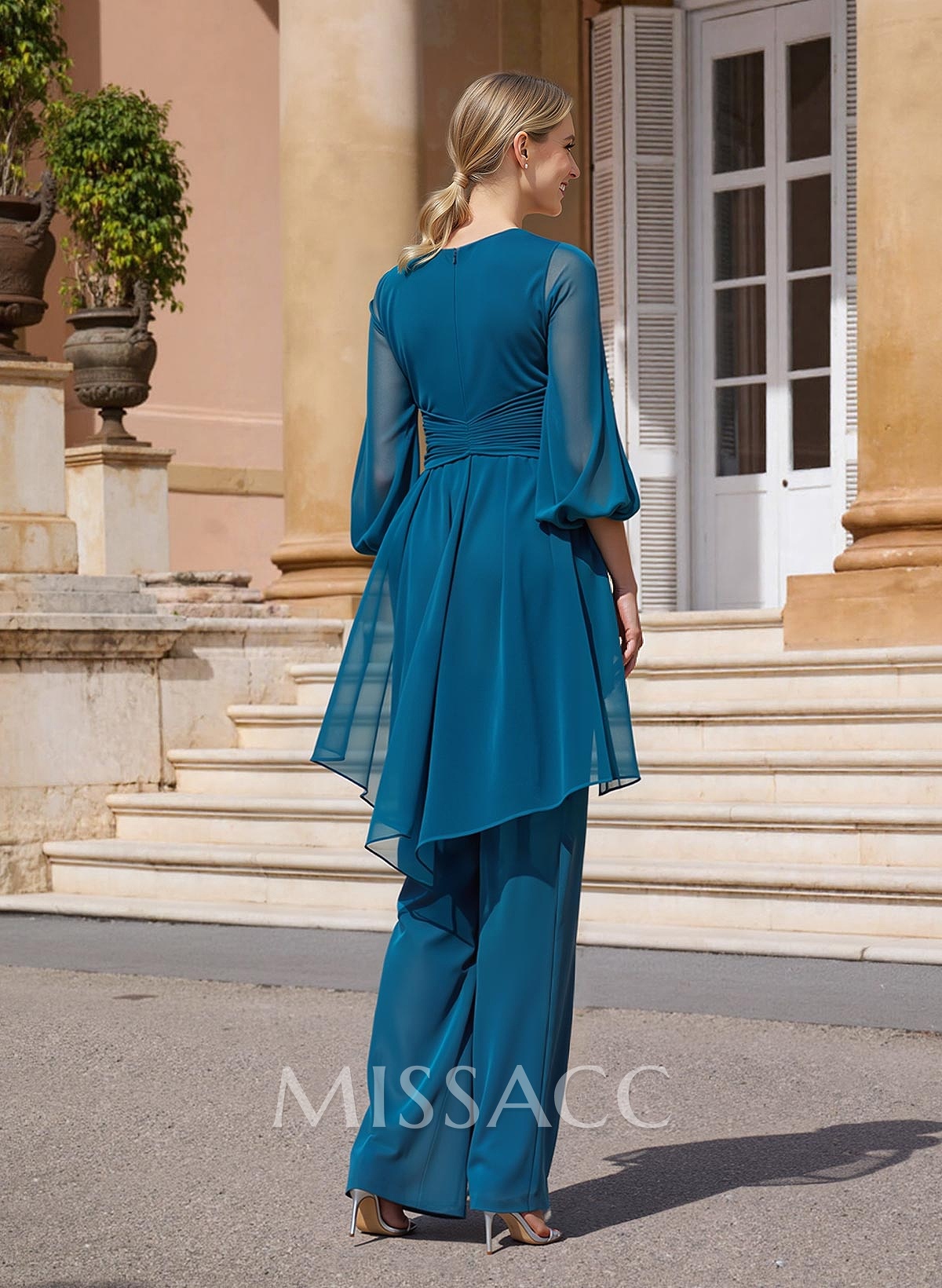Blue Jumpsuit/Pantsuit Puff Slevees Evening Dresses Blue Jumpsuit/Pantsuit Puff Slevees Evening Dresses