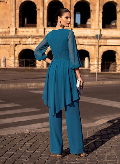 Blue Jumpsuit/Pantsuit Puff Slevees Evening Dresses