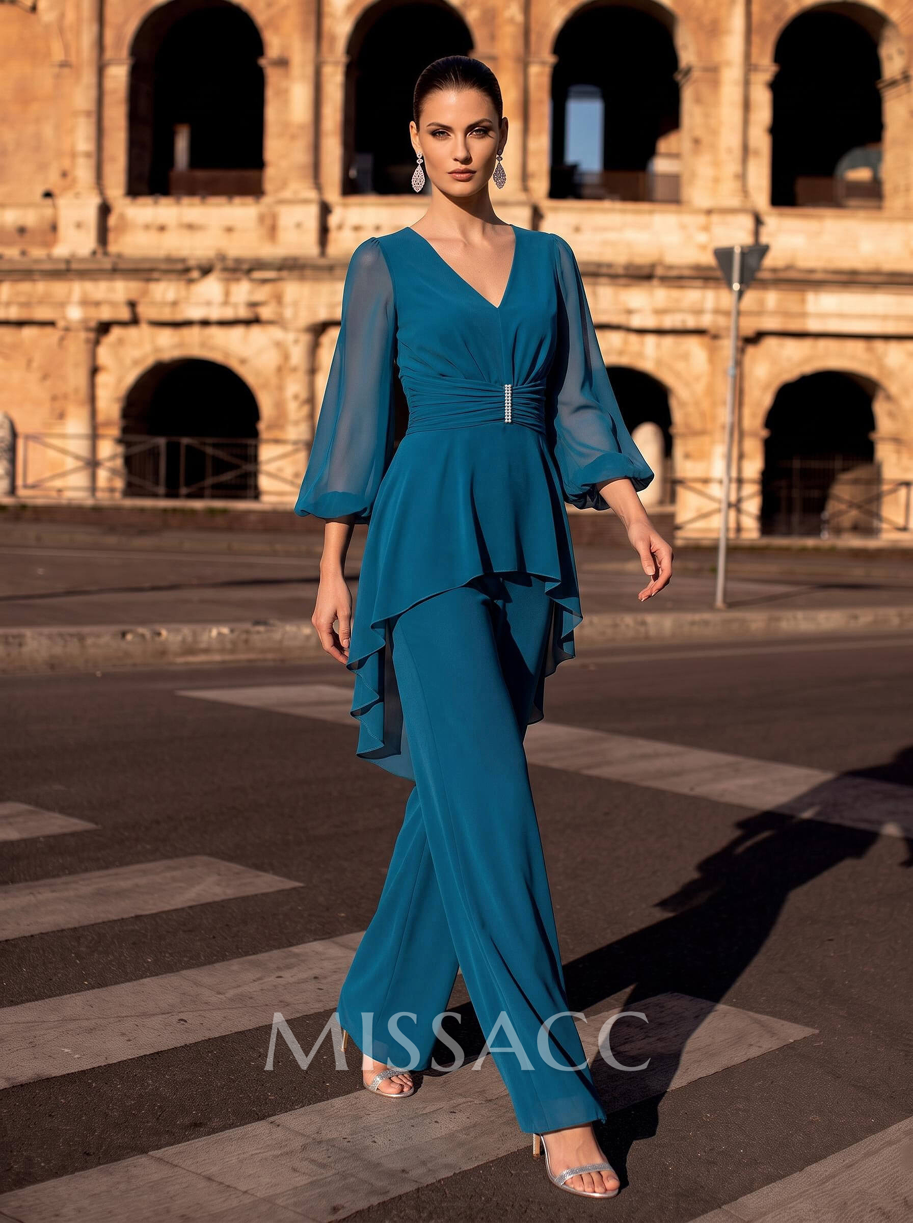 Blue Jumpsuit/Pantsuit Puff Slevees Evening Dresses Blue Jumpsuit/Pantsuit Puff Slevees Evening Dresses