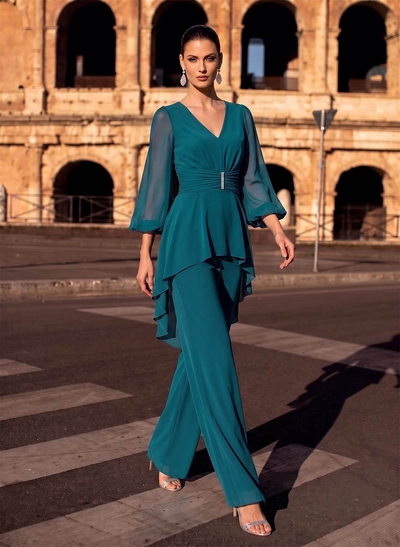 Blue Jumpsuit/Pantsuit Puff Slevees Evening Dresses