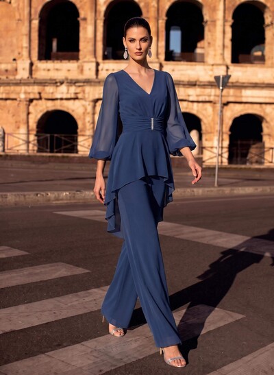 Blue Jumpsuit/Pantsuit Puff Slevees Evening Dresses