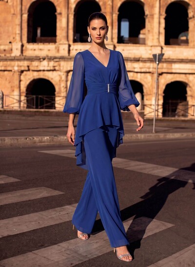 Blue Jumpsuit/Pantsuit Puff Slevees Evening Dresses