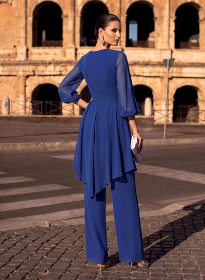 Blue Jumpsuit/Pantsuit Puff Slevees Evening Dresses