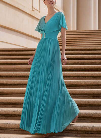 Long Chiffon Pleated Short Sleeves Evening Dresses
