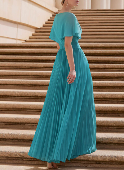 Long Chiffon Pleated Short Sleeves Evening Dresses