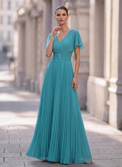 Long Chiffon Pleated Short Sleeves Evening Dresses