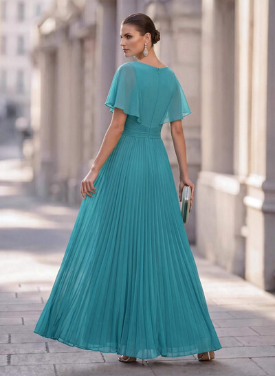 Long Chiffon Pleated Short Sleeves Evening Dresses