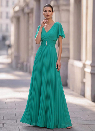 Long Chiffon Pleated Short Sleeves Evening Dresses