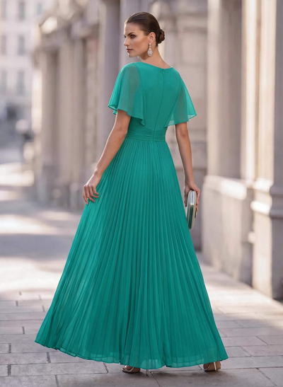 Long Chiffon Pleated Short Sleeves Evening Dresses