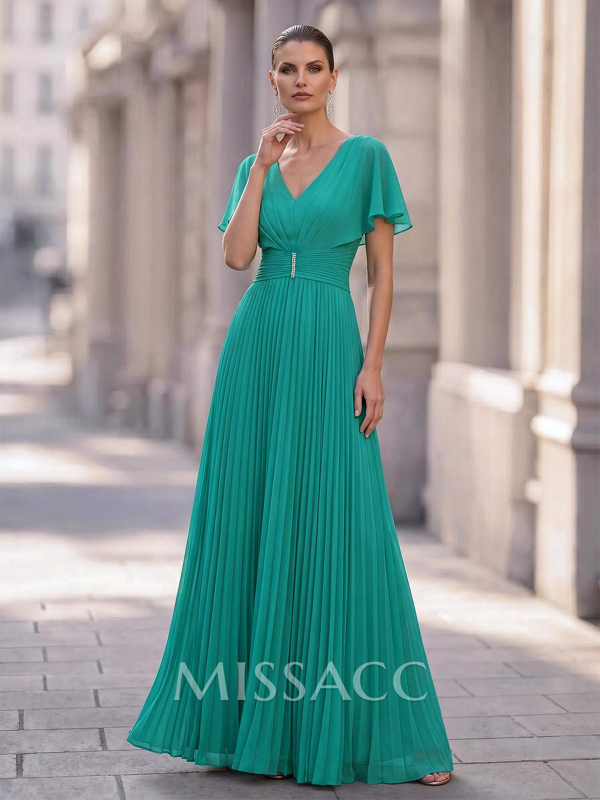 Long Chiffon Pleated Short Sleeves Evening Dresses