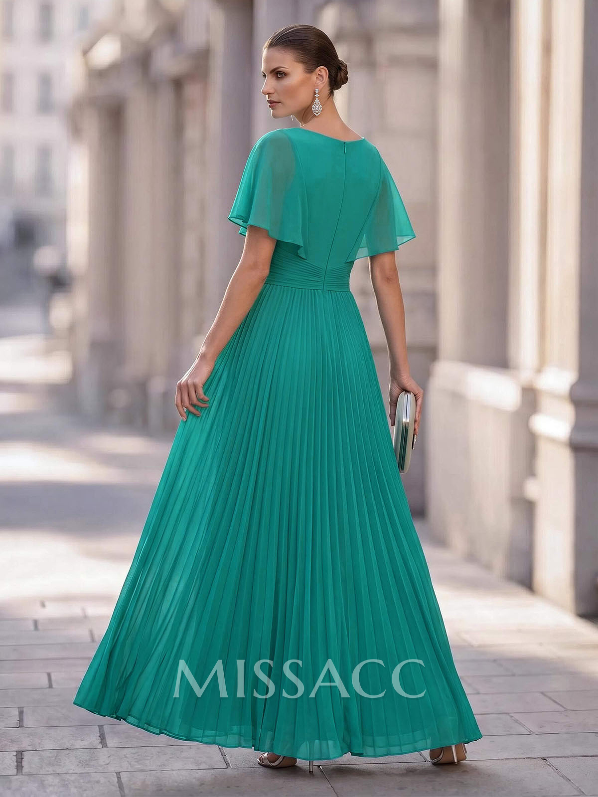 Long Chiffon Pleated Short Sleeves Evening Dresses