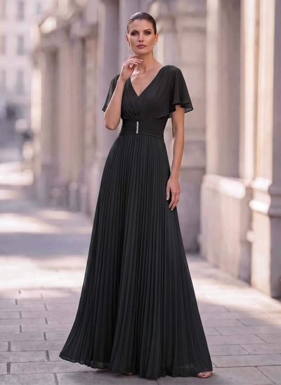 Long Chiffon Pleated Short Sleeves Evening Dresses