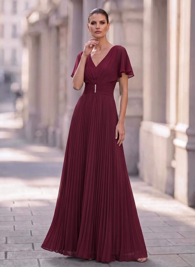 Long Chiffon Pleated Short Sleeves Evening Dresses