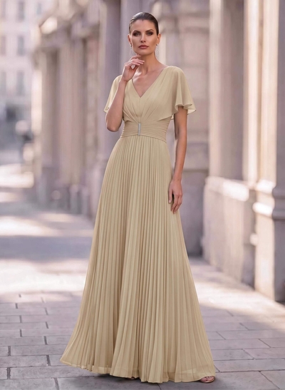 Long Chiffon Pleated Short Sleeves Evening Dresses
