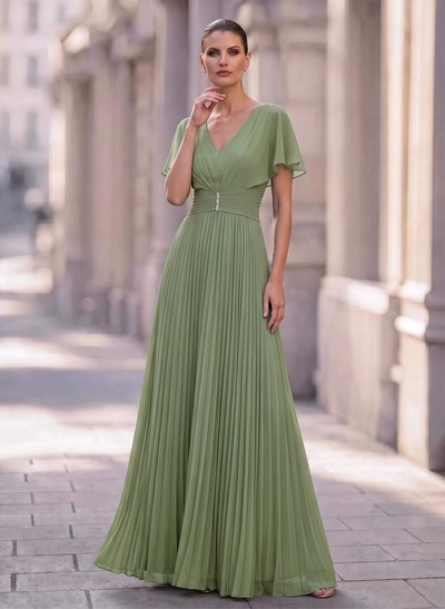 Long Chiffon Pleated Short Sleeves Evening Dresses