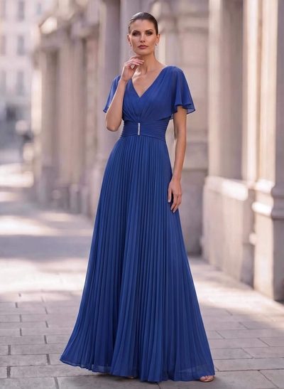 Long Chiffon Pleated Short Sleeves Evening Dresses