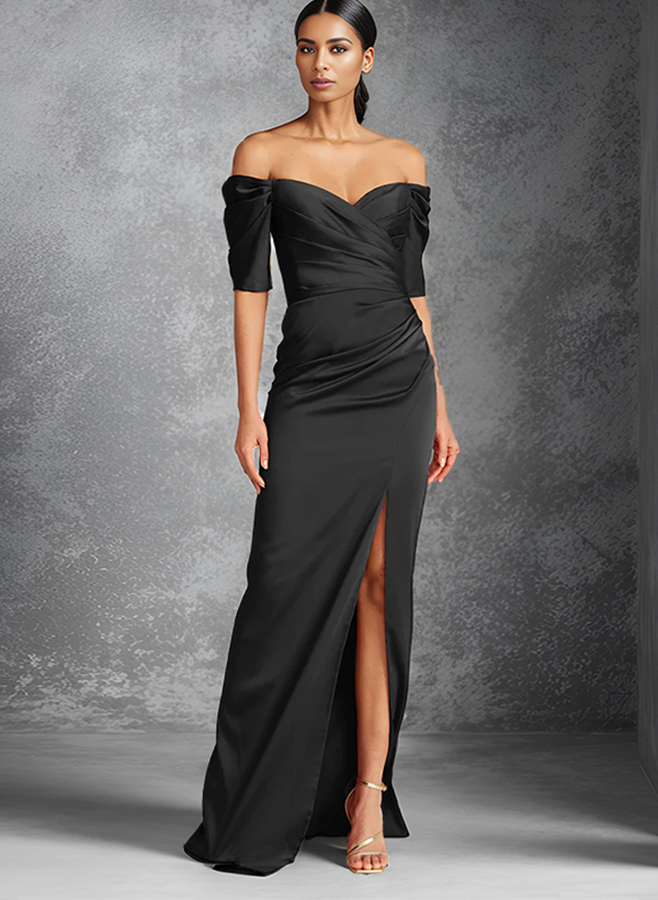Sheath Off-The-Shoulder Short Sleeves Floor-Length Charmeuse Evening Dresses With Split Front
