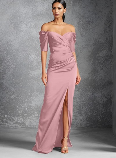 Sheath Off-The-Shoulder Short Sleeves Floor-Length Charmeuse Evening Dresses With Split Front