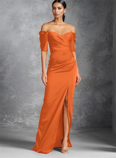 Sheath Off-The-Shoulder Short Sleeves Floor-Length Charmeuse Evening Dresses With Split Front