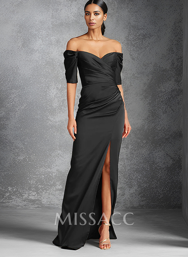 Sheath Off-The-Shoulder Short Sleeves Floor-Length Charmeuse Evening Dresses With Split Front Sheath Off-The-Shoulder Short Sleeves Floor-Length Charmeuse Evening Dresses With Split Front