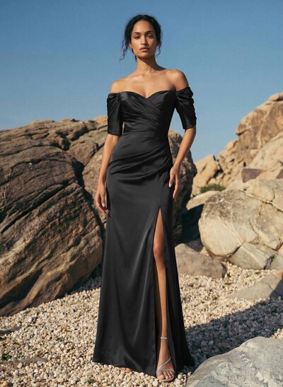 Sheath Off-The-Shoulder Short Sleeves Floor-Length Charmeuse Evening Dresses With Split Front