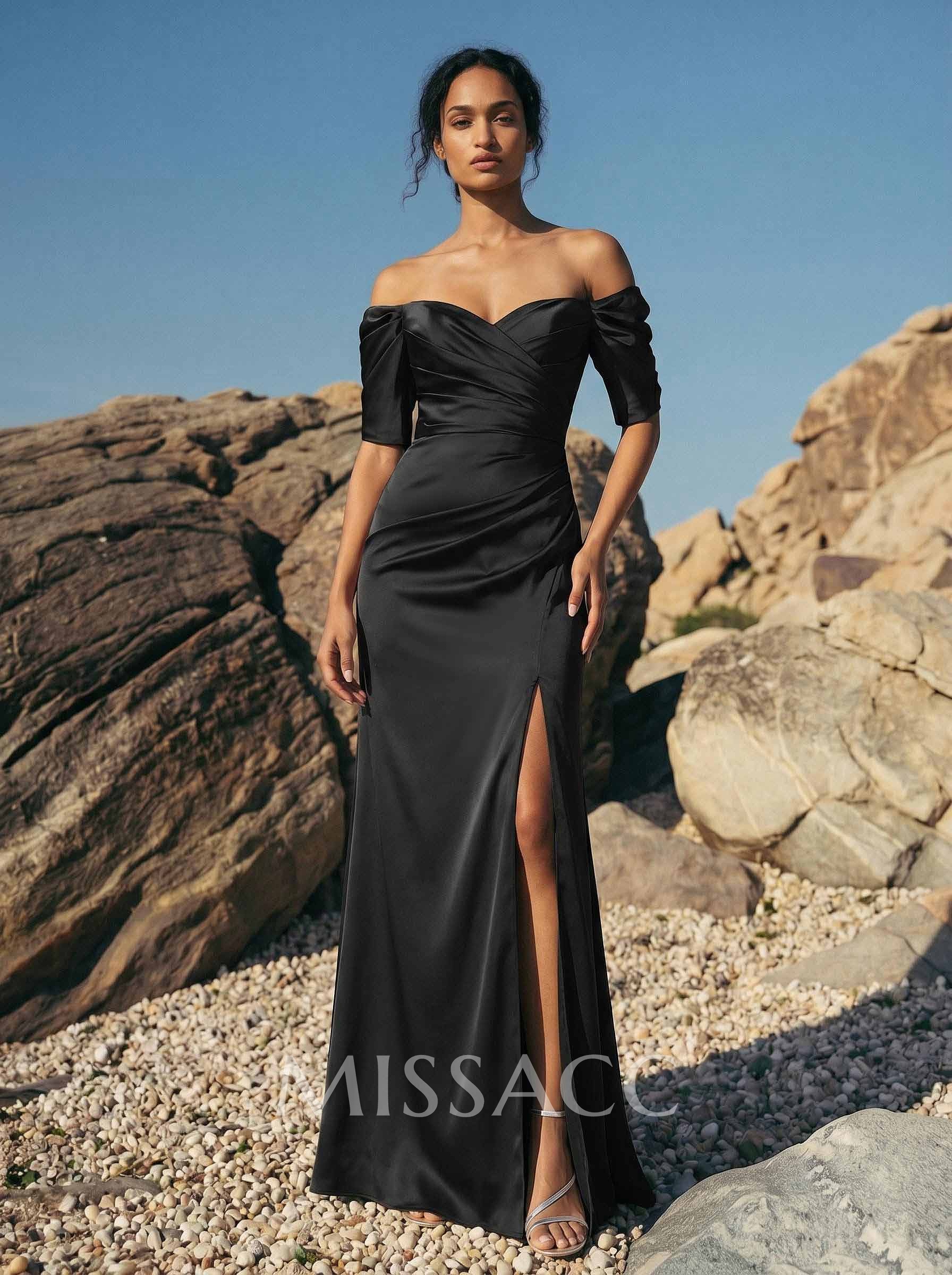 Sheath Off-The-Shoulder Short Sleeves Floor-Length Charmeuse Evening Dresses With Split Front
