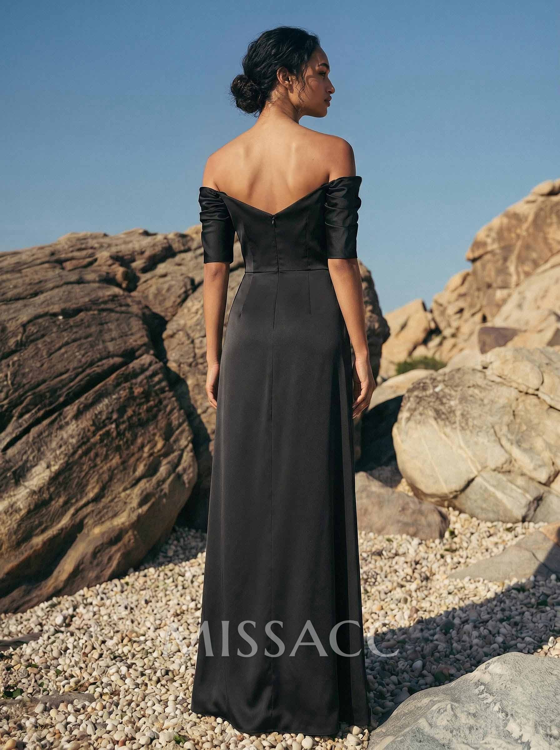 Sheath Off-The-Shoulder Short Sleeves Floor-Length Charmeuse Evening Dresses With Split Front