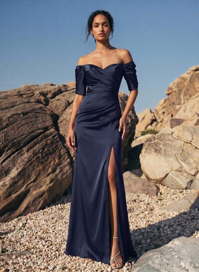 Sheath Off-The-Shoulder Short Sleeves Floor-Length Charmeuse Evening Dresses With Split Front