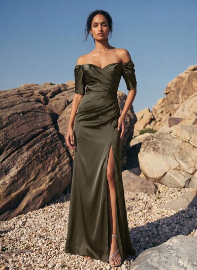 Sheath Off-The-Shoulder Short Sleeves Floor-Length Charmeuse Evening Dresses With Split Front