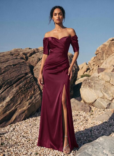 Sheath Off-The-Shoulder Short Sleeves Floor-Length Charmeuse Evening Dresses With Split Front