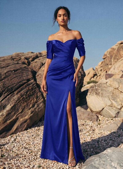 Sheath Off-The-Shoulder Short Sleeves Floor-Length Charmeuse Evening Dresses With Split Front