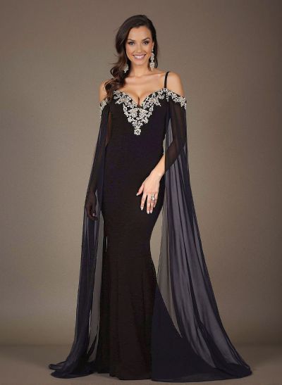 Trumpet/Mermaid Long Sleeves Jersey Evening Dresses With Appliques Lace