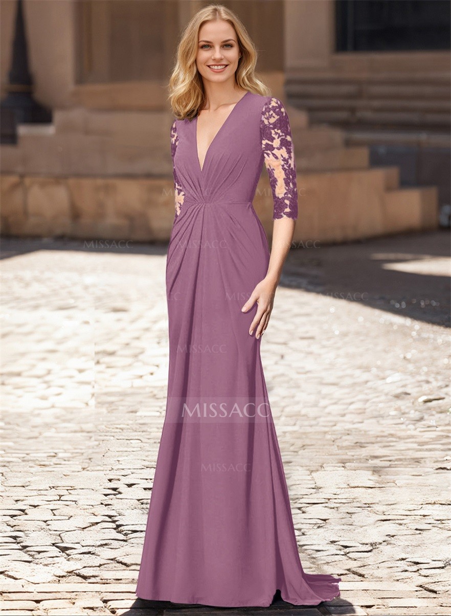 Sheath V-Neck 1/2 Sleeves Sweep Train Evening Dresses With Lace