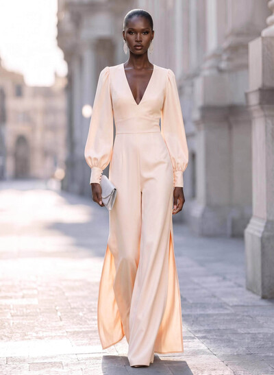 Jumpsuit/Pantsuit V-Neck Long Sleeves Stretch Chiffon Floor-Length Evening Dresses