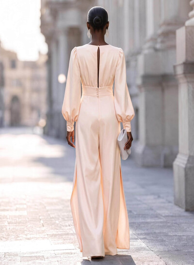 Jumpsuit/Pantsuit V-Neck Long Sleeves Stretch Chiffon Floor-Length Evening Dresses