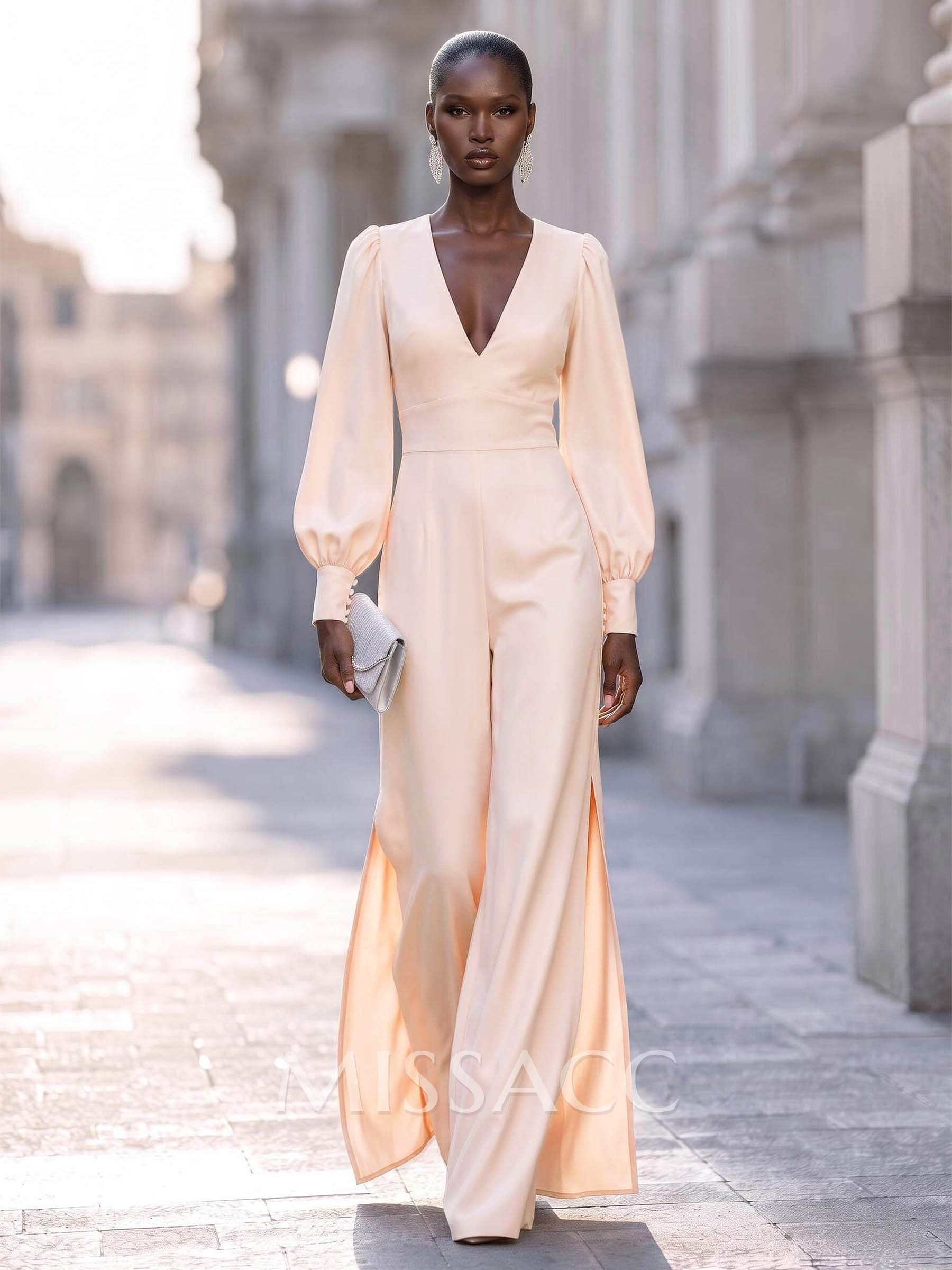 Jumpsuit/Pantsuit V-Neck Long Sleeves Stretch Chiffon Floor-Length Evening Dresses