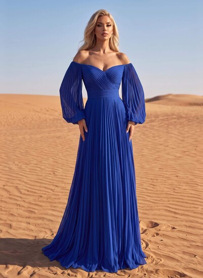 Long Sleeves Pleated Off-The-Shoulder Evening Dresses