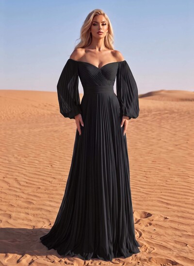 Long Sleeves Pleated Off-The-Shoulder Evening Dresses