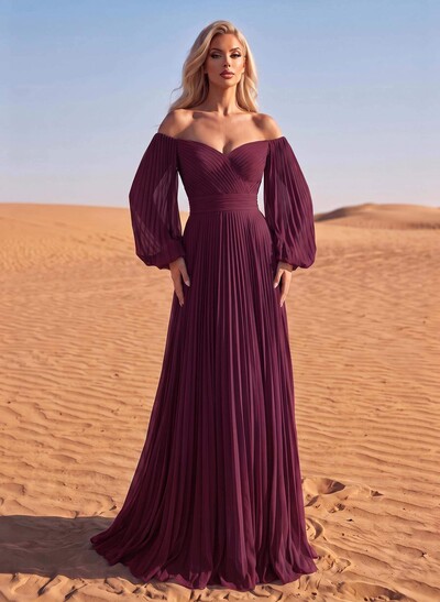 Long Sleeves Pleated Off-The-Shoulder Evening Dresses