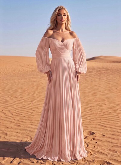 Long Sleeves Pleated Off-The-Shoulder Evening Dresses