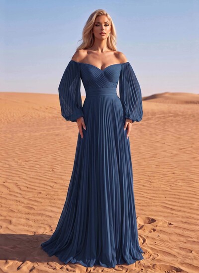 Long Sleeves Pleated Off-The-Shoulder Evening Dresses