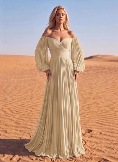 Long Sleeves Pleated Off-The-Shoulder Evening Dresses