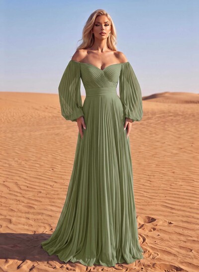 Long Sleeves Pleated Off-The-Shoulder Evening Dresses