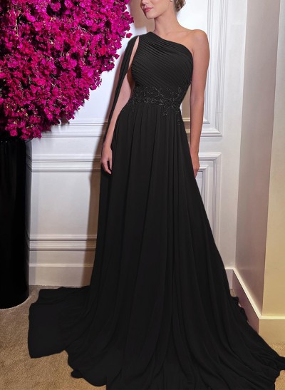 A-Line One-Shoulder Silk Like Satin Evening DressesWith Appliques Lace