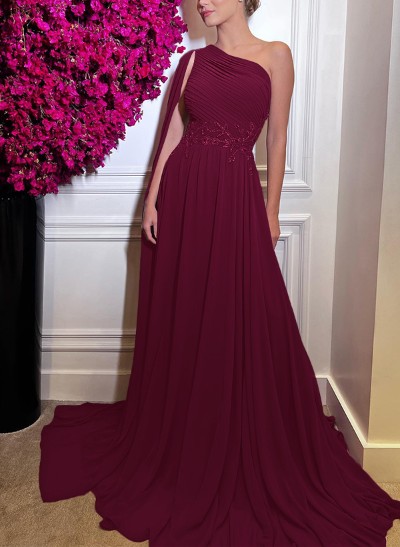 A-Line One-Shoulder Silk Like Satin Evening DressesWith Appliques Lace