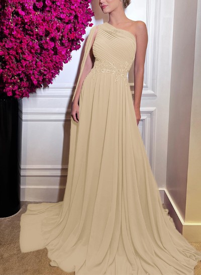 A-Line One-Shoulder Silk Like Satin Evening DressesWith Appliques Lace