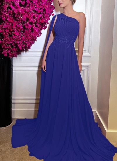 A-Line One-Shoulder Silk Like Satin Evening DressesWith Appliques Lace
