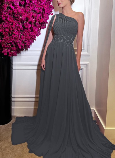 A-Line One-Shoulder Silk Like Satin Evening DressesWith Appliques Lace