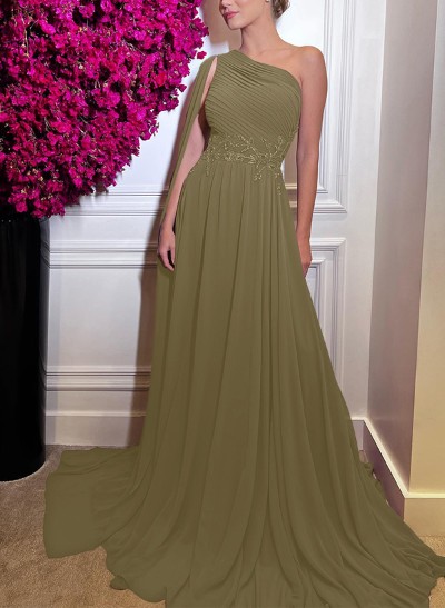 A-Line One-Shoulder Silk Like Satin Evening DressesWith Appliques Lace